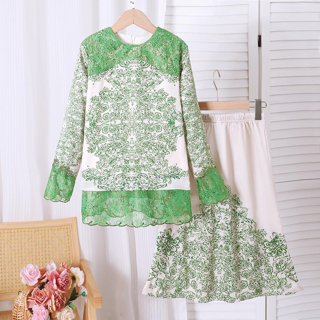 TropiTykes Limited Edition Lime Green Baju Kurung Set, Hari Raya, Green Lace, Delicate Floral Pattern, Suitable for Open Houses