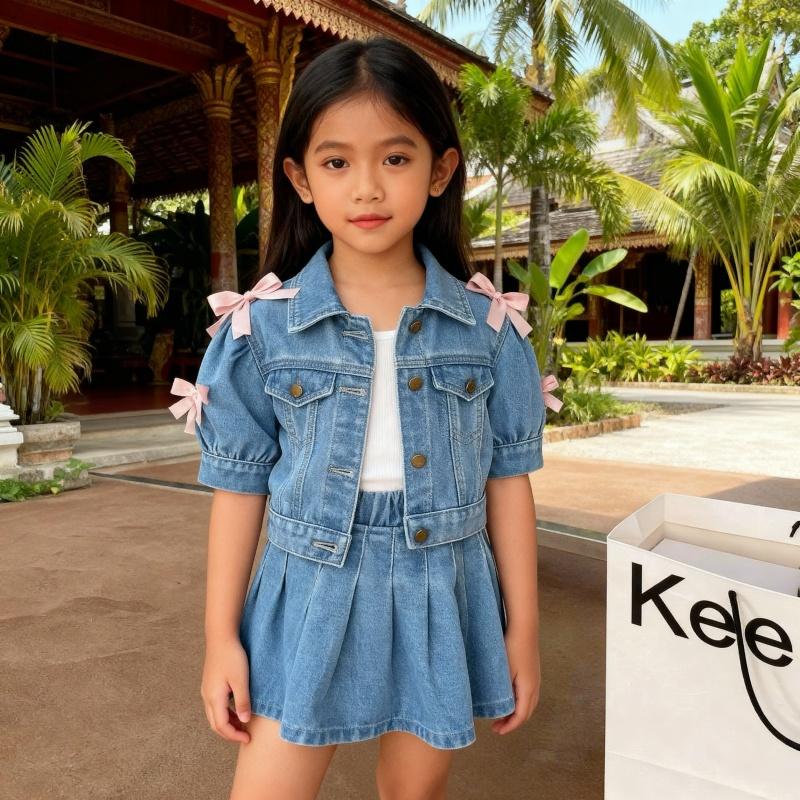 TropiTykes Tropitykes Cute Casual Short Sleeve Button Up Top With Bow Detail And Pleated Denim Skirt Set Blue Medium Wash