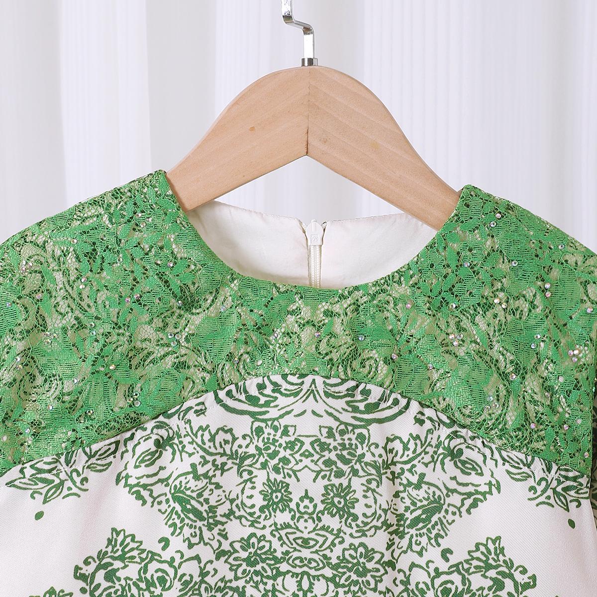 TropiTykes Limited Edition Lime Green Baju Kurung Set, Hari Raya, Green Lace, Delicate Floral Pattern, Suitable for Open Houses