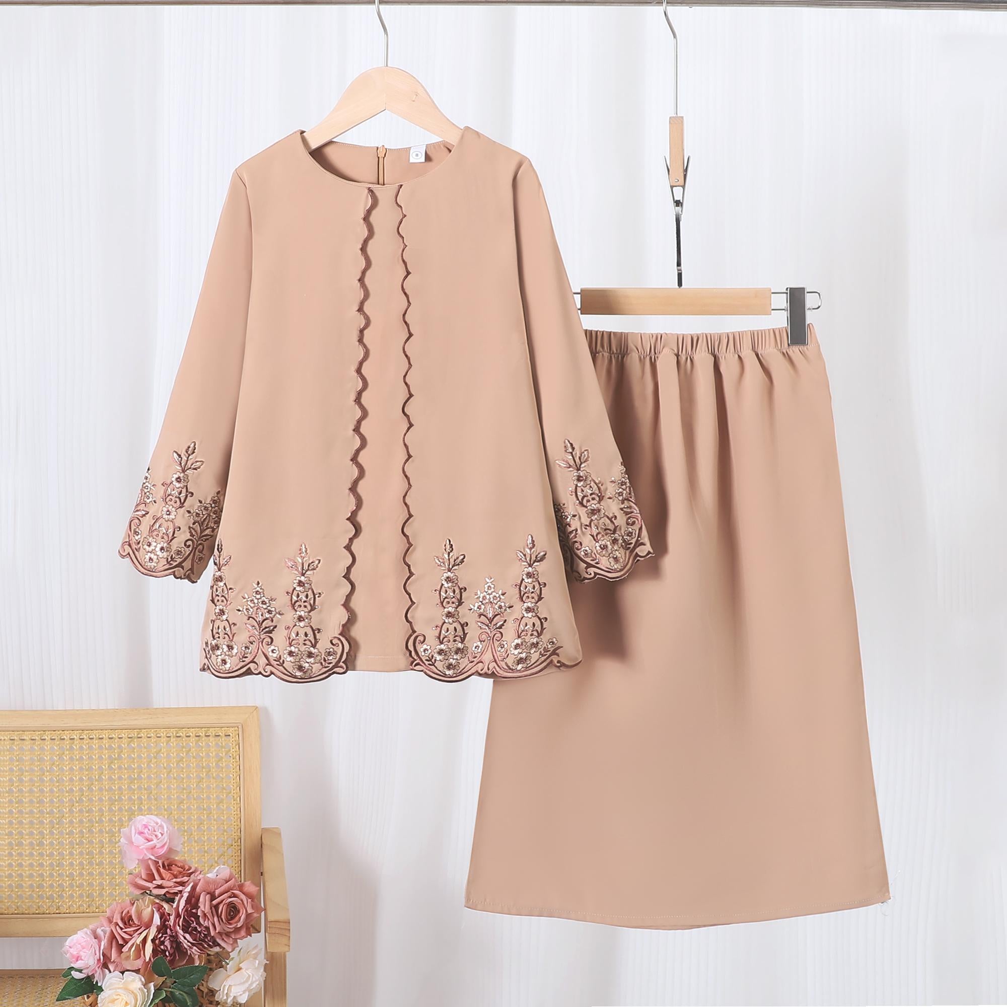 Kurung Mini Kanak-kanak TropiTykes | Rekaan Sulaman Elegan | Warna Beige Nude | Fabrik Lembut &amp; Selesa | Sesuai untuk Majlis Perkahwinan &amp; Sambutan Hari Raya 