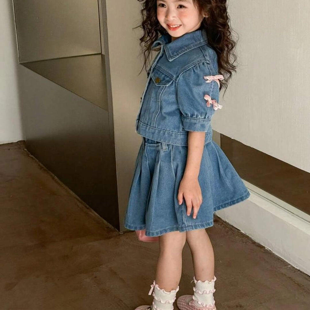 TropiTykes Tropitykes Cute Casual Short Sleeve Button Up Top With Bow Detail And Pleated Denim Skirt Set Blue Medium Wash