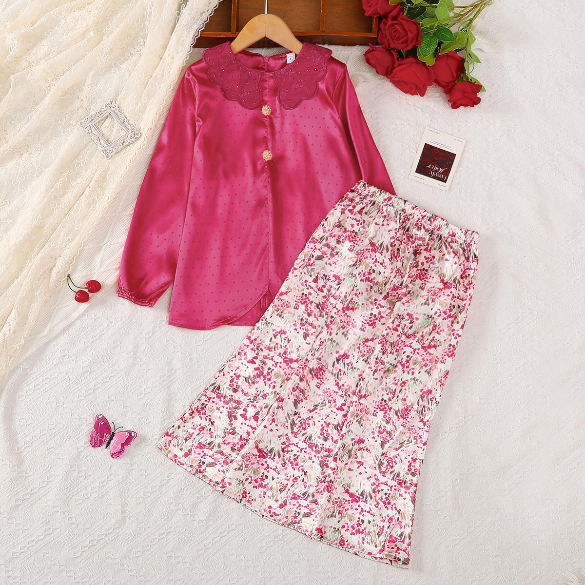 TropiTykes Modern Baju Kurung for Muslimah Children Pink Color Floral Pattern Soft Comfortable Fabric for Hari Raya Celebrations Weddings Schools & Official Events