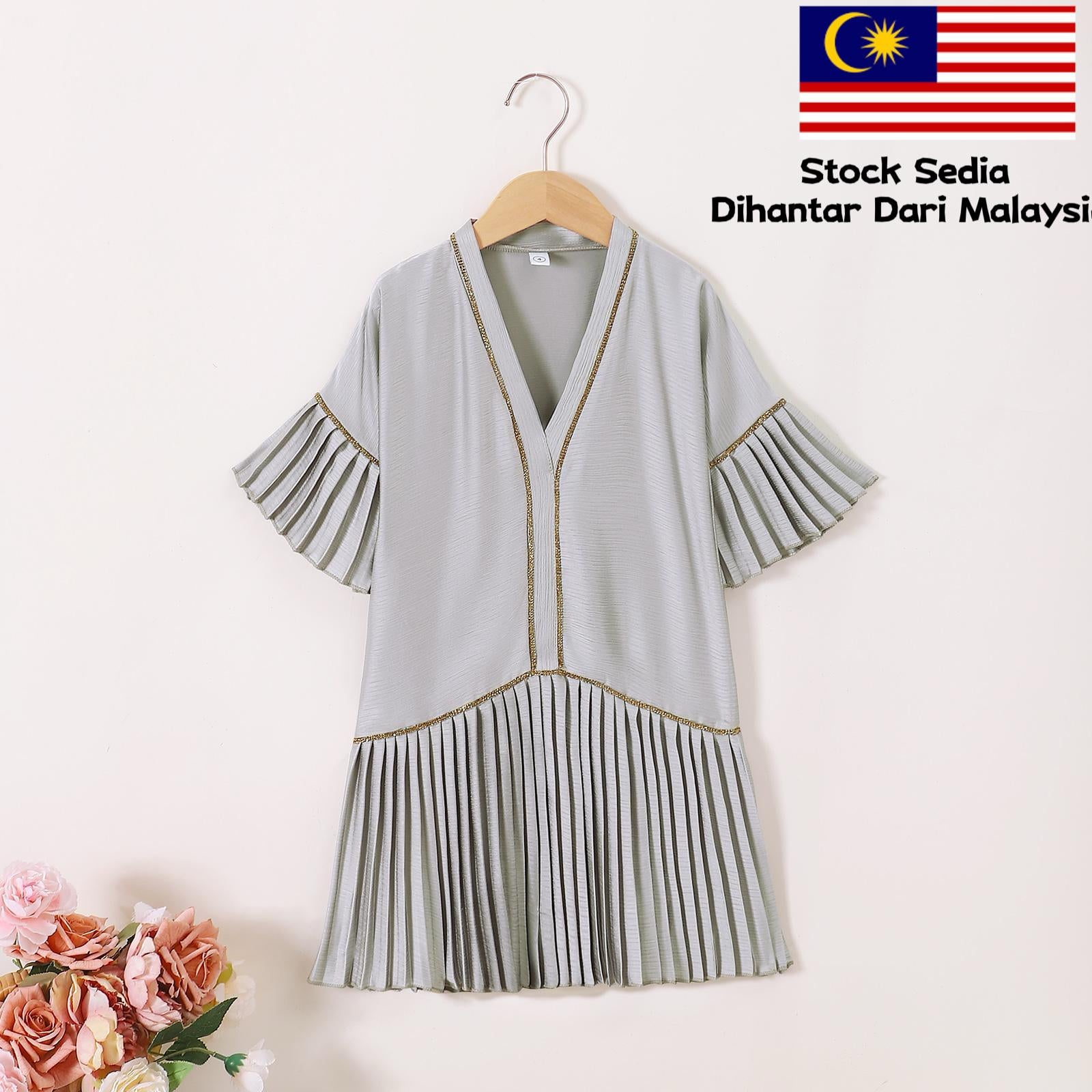 TropiTykes Muslimah Pleated Dress for Girls Elegant Comfortable Soft Fabric Lightweight Suitable for Everyday Pleated Sleeves & Hem Gold Detail Elegant and Comfortable Clothing