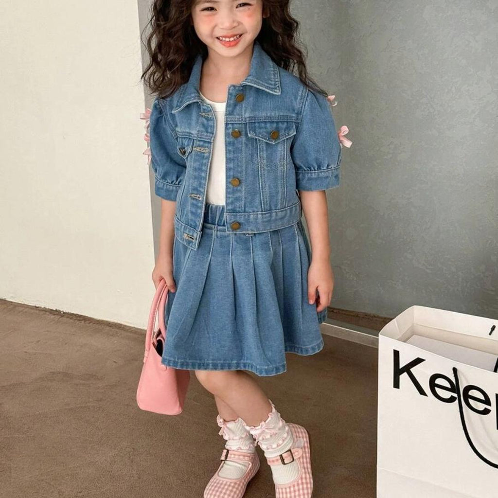 TropiTykes Tropitykes Cute Casual Short Sleeve Button Up Top With Bow Detail And Pleated Denim Skirt Set Blue Medium Wash