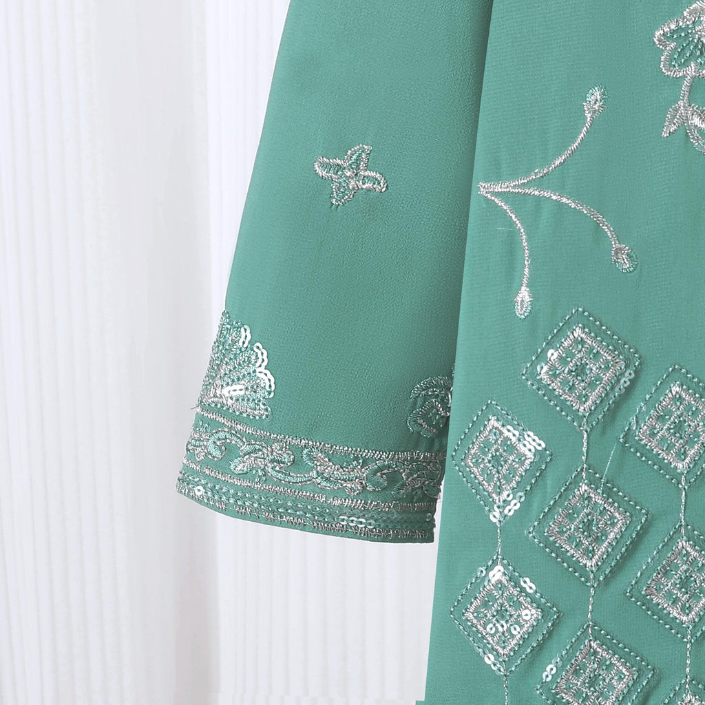 Baju Kurung Muslimah TropiTykes Mini Green Sulaman Elegan Lembut Selesa untuk Majlis Raya &amp; Wanita Muda. Pakaian yang elegan dan selesa. 