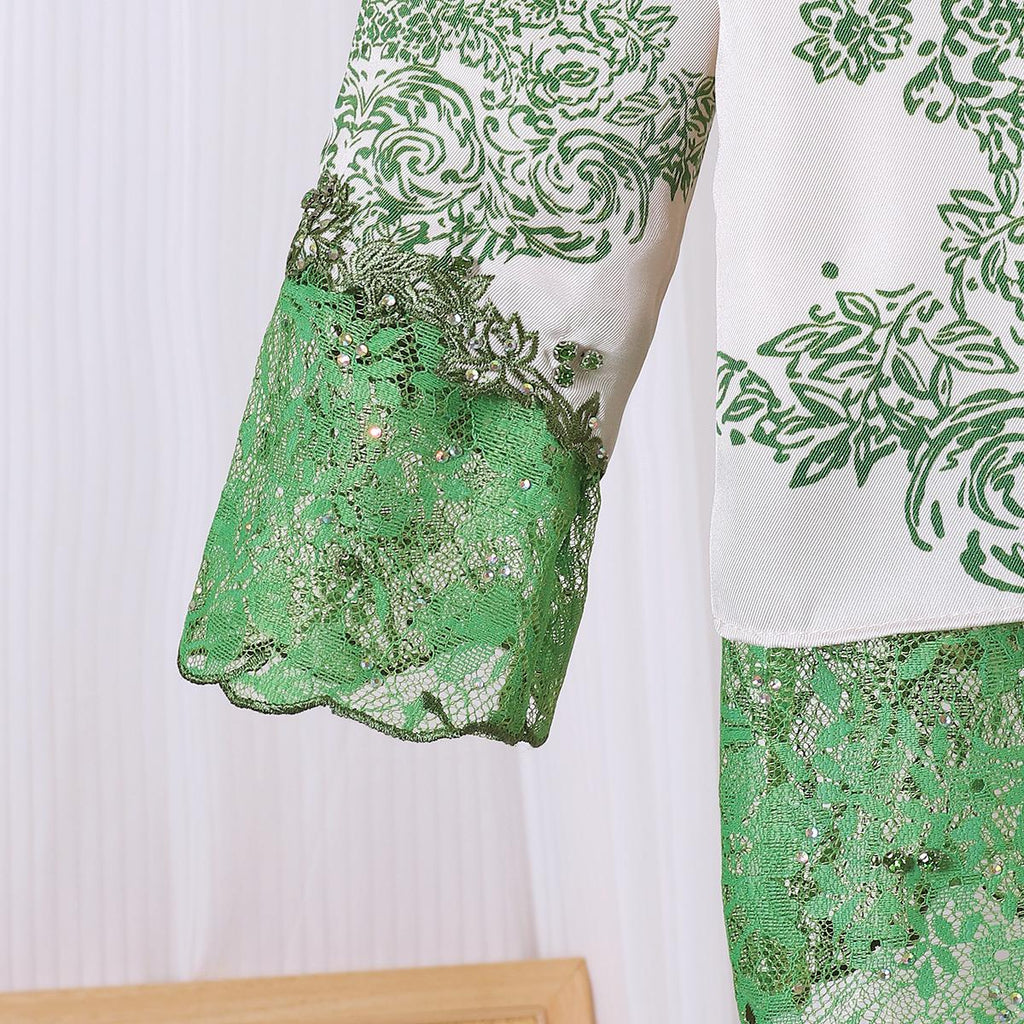 TropiTykes Limited Edition Lime Green Baju Kurung Set, Hari Raya, Green Lace, Delicate Floral Pattern, Suitable for Open Houses