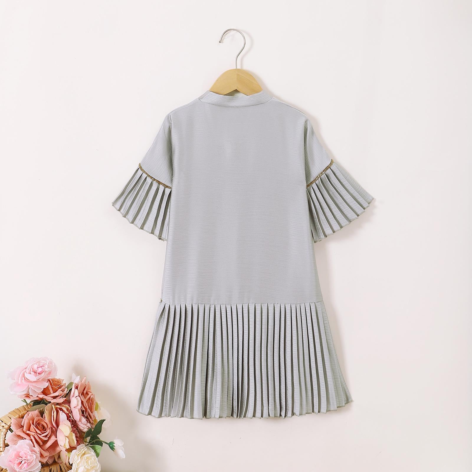 TropiTykes Muslimah Pleated Dress for Girls Elegant Comfortable Soft Fabric Lightweight Suitable for Everyday Pleated Sleeves & Hem Gold Detail Elegant and Comfortable Clothing