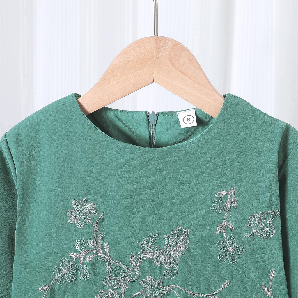 Baju Kurung Muslimah TropiTykes Mini Green Sulaman Elegan Lembut Selesa untuk Majlis Raya &amp; Wanita Muda. Pakaian yang elegan dan selesa. 