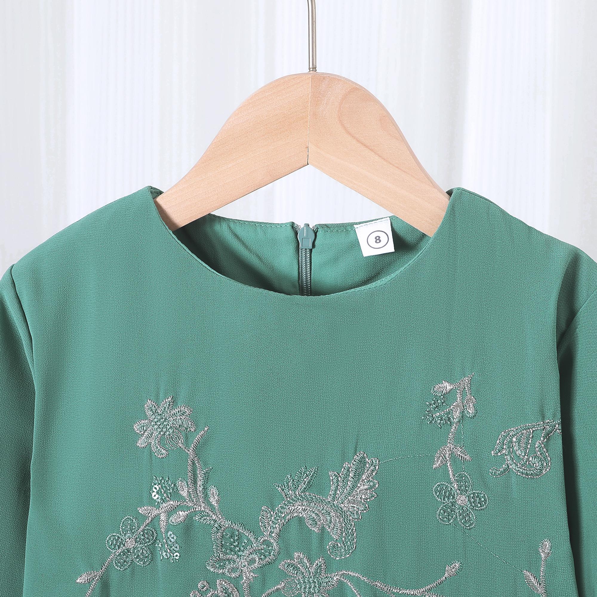 Baju Kurung Muslimah TropiTykes Mini Green Sulaman Elegan Lembut Selesa untuk Majlis Raya &amp; Wanita Muda. Pakaian yang elegan dan selesa. 