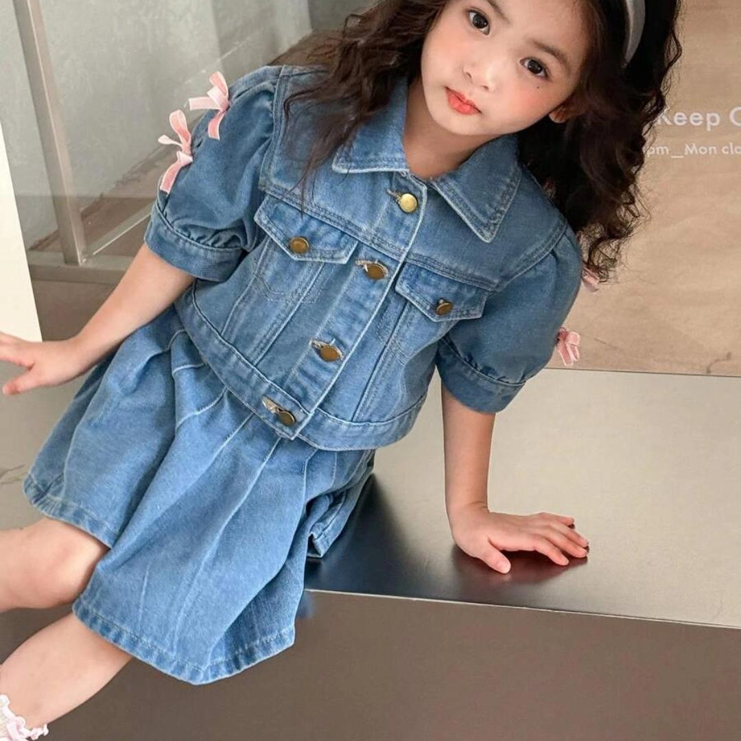 TropiTykes Tropitykes Cute Casual Short Sleeve Button Up Top With Bow Detail And Pleated Denim Skirt Set Blue Medium Wash