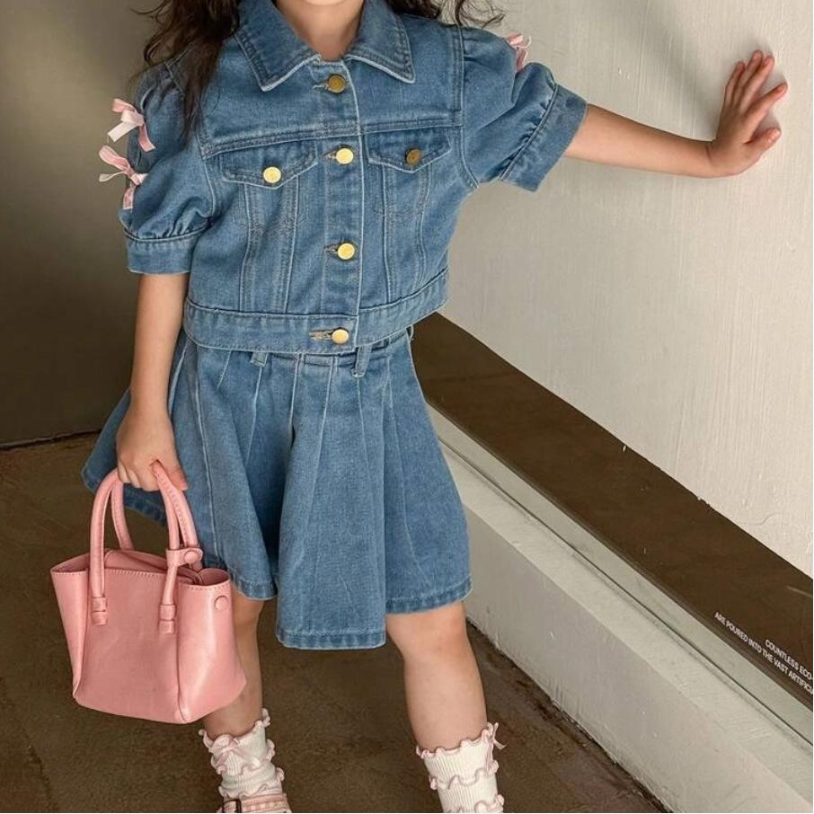 TropiTykes Tropitykes Cute Casual Short Sleeve Button Up Top With Bow Detail And Pleated Denim Skirt Set Blue Medium Wash
