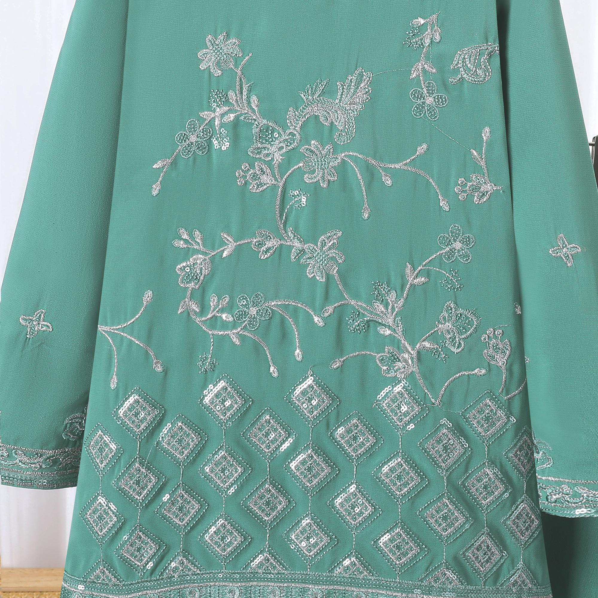 Baju Kurung Muslimah TropiTykes Mini Green Sulaman Elegan Lembut Selesa untuk Majlis Raya &amp; Wanita Muda. Pakaian yang elegan dan selesa. 