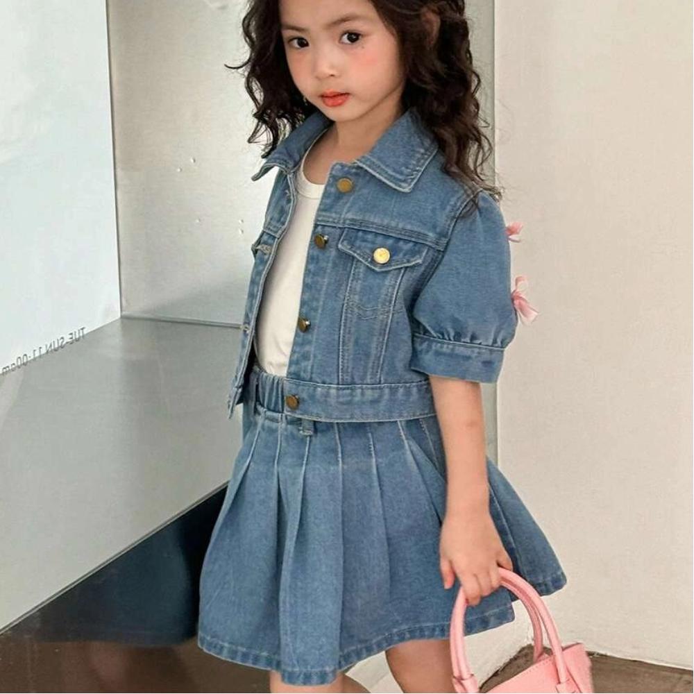 TropiTykes Tropitykes Cute Casual Short Sleeve Button Up Top With Bow Detail And Pleated Denim Skirt Set Blue Medium Wash