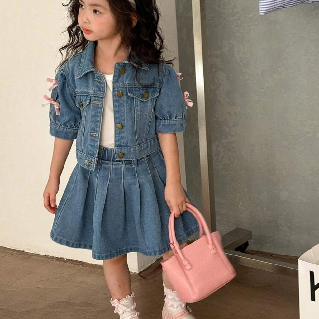 TropiTykes Tropitykes Cute Casual Short Sleeve Button Up Top With Bow Detail And Pleated Denim Skirt Set Blue Medium Wash