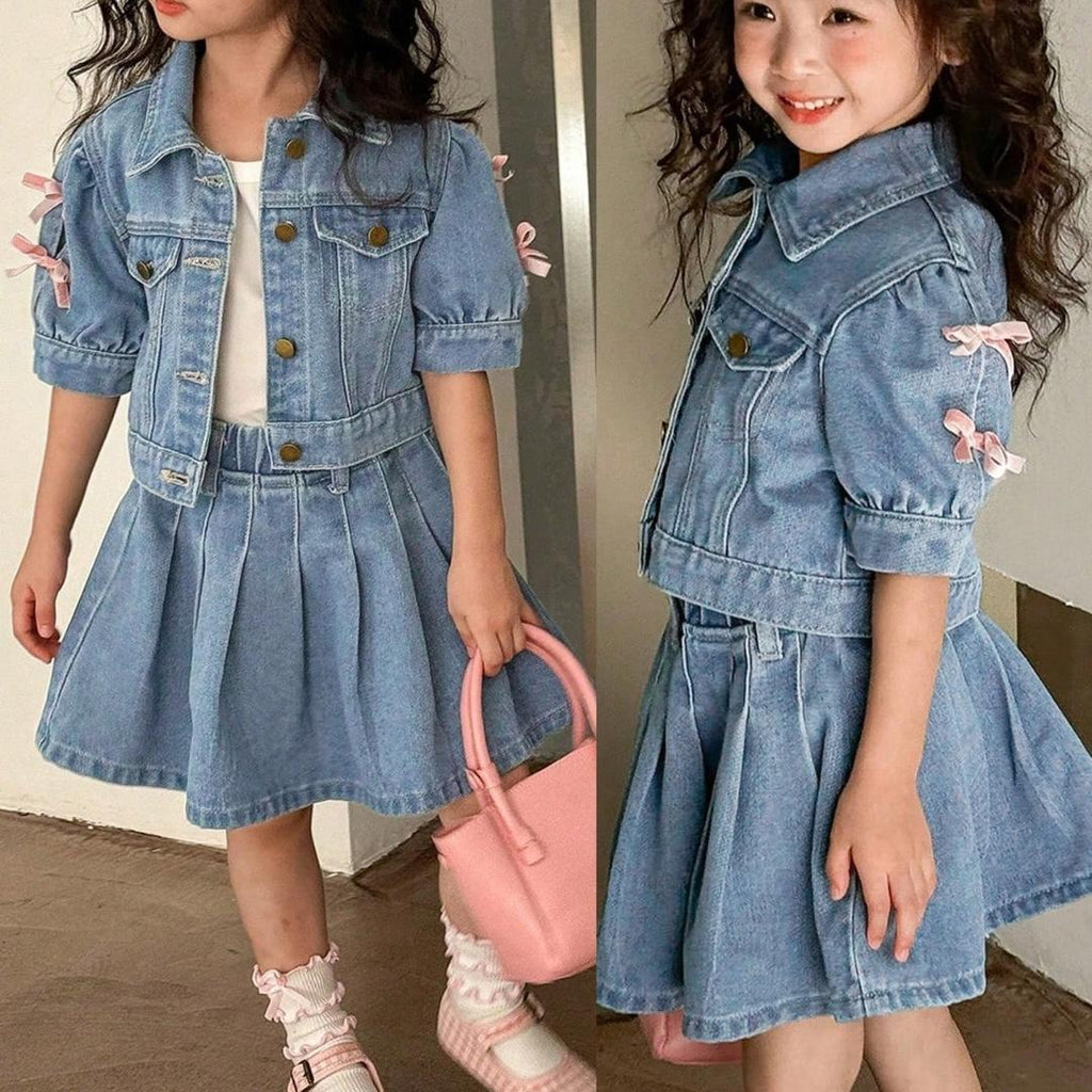 TropiTykes Tropitykes Cute Casual Short Sleeve Button Up Top With Bow Detail And Pleated Denim Skirt Set Blue Medium Wash