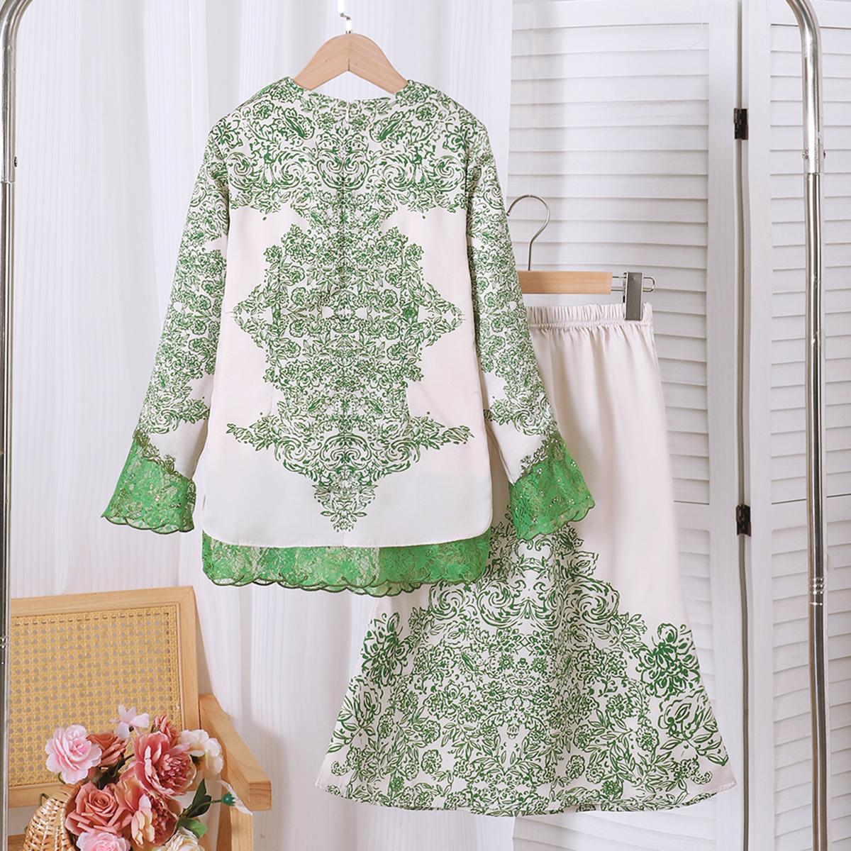 TropiTykes Limited Edition Lime Green Baju Kurung Set, Hari Raya, Green Lace, Delicate Floral Pattern, Suitable for Open Houses