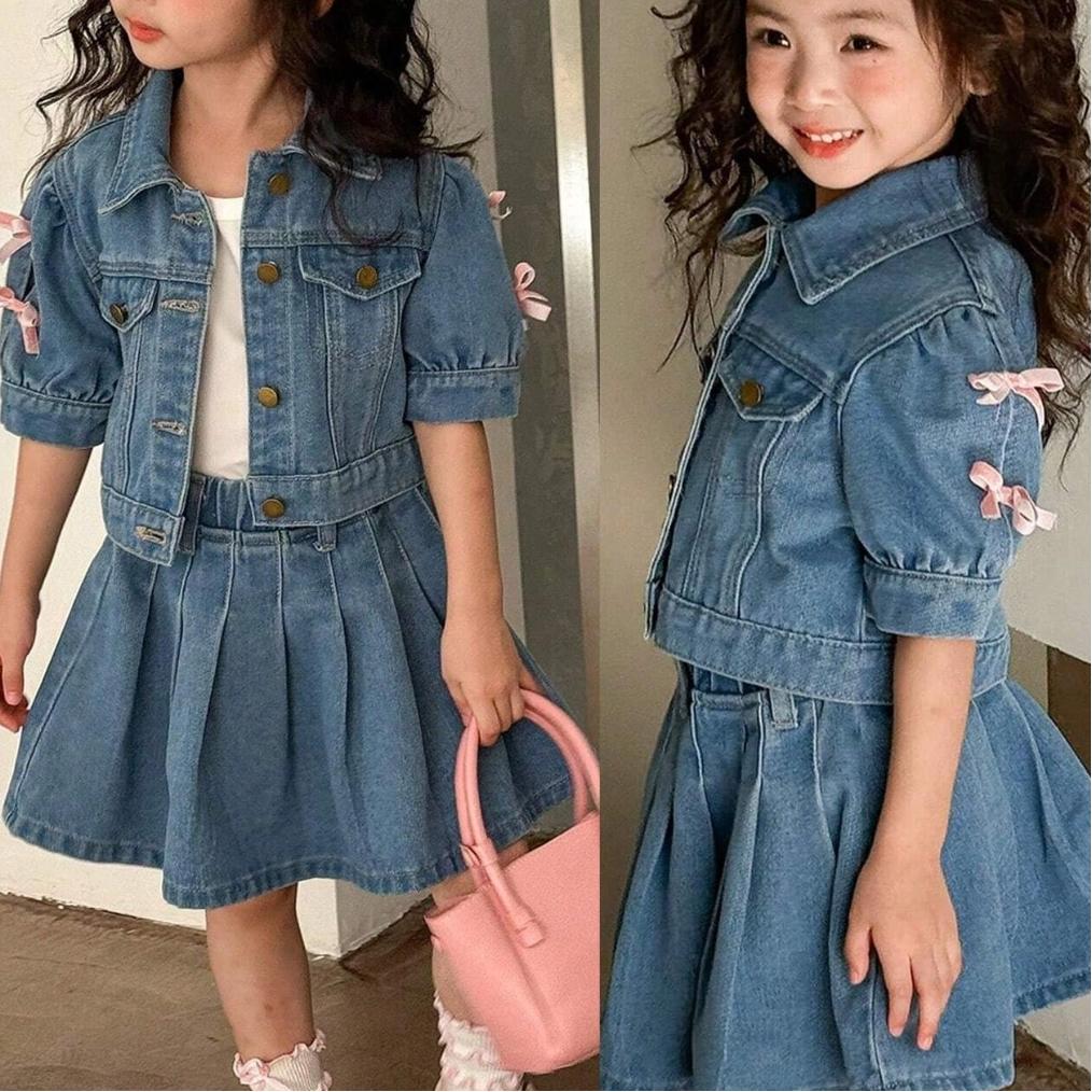TropiTykes Tropitykes Cute Casual Short Sleeve Button Up Top With Bow Detail And Pleated Denim Skirt Set Blue Medium Wash